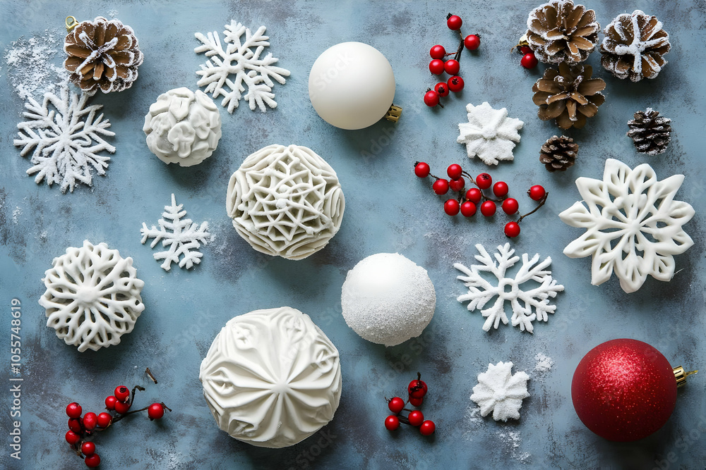 A festive arrangement of white and red holiday decorations on a blue background. A festive arrangement of white and red holiday decorations on a blue background.