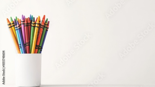 A colorful collection of pens stands upright in a white cup against a minimalistic background, showcasing creativity and vibrant writing tools.