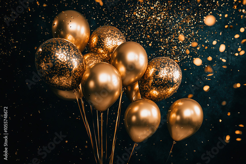 Elegant Gold Balloons with Sparkling Confetti on a Dark Background