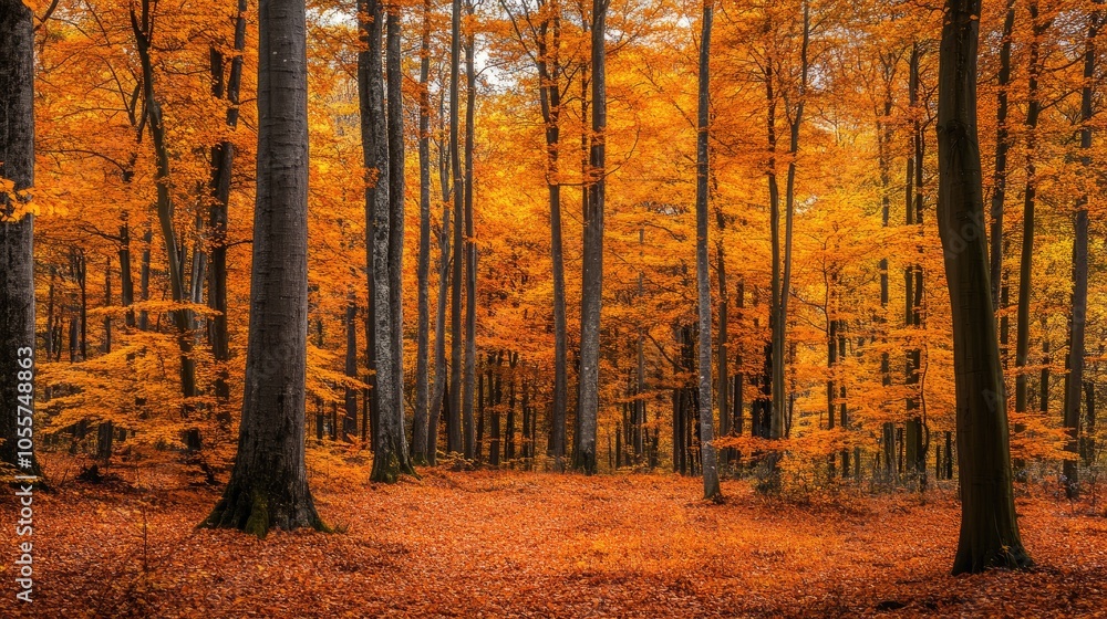 Obraz premium Autumn forest showcasing vibrant orange and yellow foliage