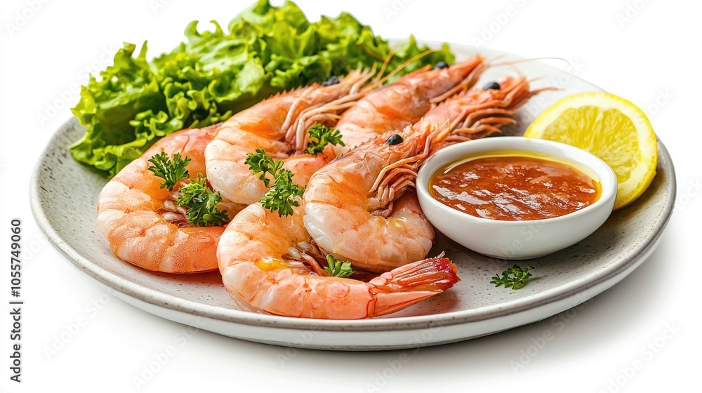 Boiled Shrimps With Lettuce Leaves On Plate And Sauce Isolated On White Boiled Shrimps With Lettuce Leaves On Plate And Sauce Isolated On White