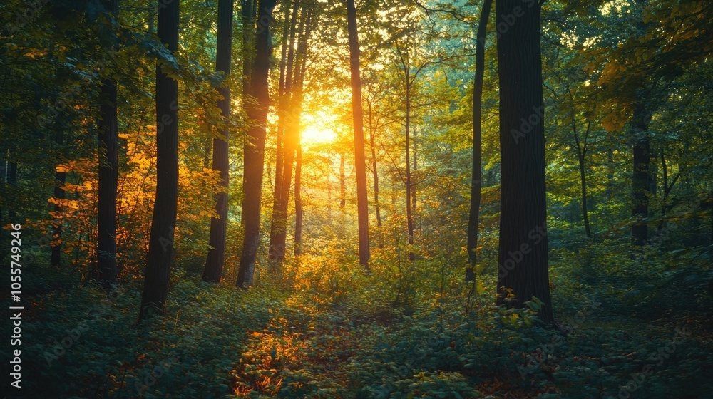 Obraz premium Lush forest illuminated by sunlight filtering through the tree branches creating a warm scenic atmosphere amidst vibrant leaves at dusk