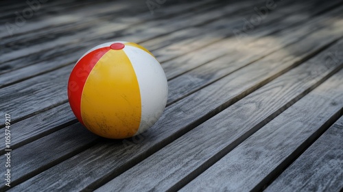 Yellow white and red rubber beach ball resting on a gray wooden floor photo