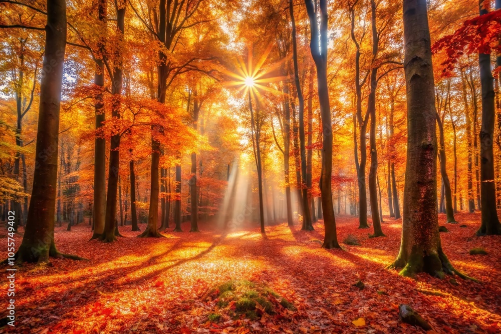 Obraz premium Captivating Autumn Forest Scene with Sunbeams - Long Exposure Photography
