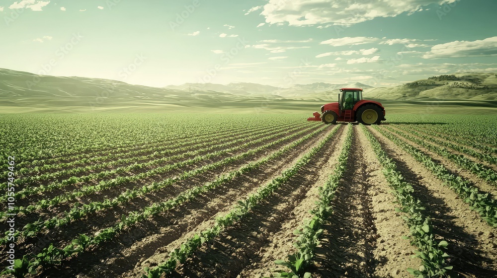 Vibrant Agricultural Landscape with Tractor and Crops Vibrant Agricultural Landscape with Tractor and Crops