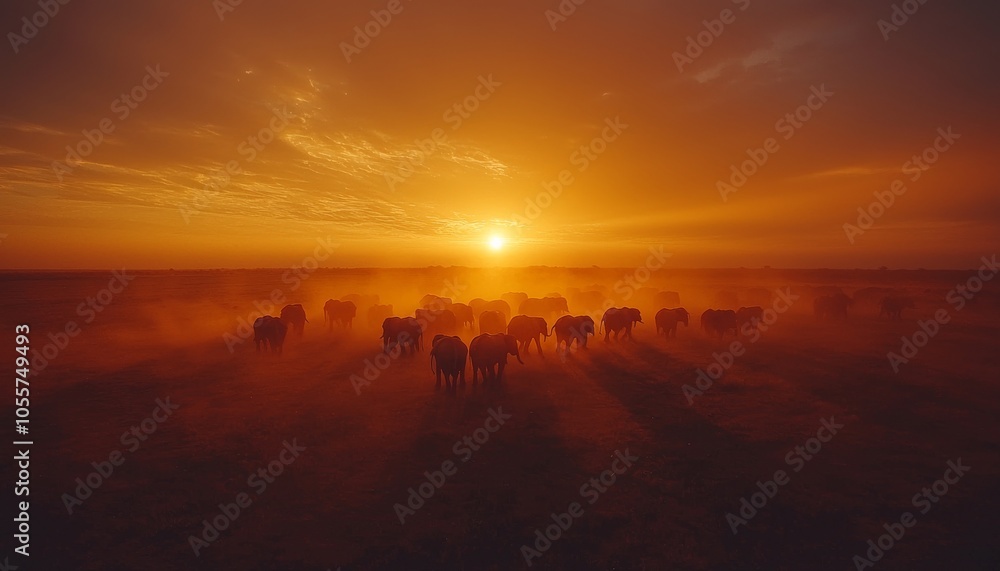 A stunning sunset casts warm hues over a herd of animals, surrounded by dust, creating a serene and captivating landscape. A stunning sunset casts warm hues over a herd of animals, surrounded by dust, creating a serene and captivating landscape.