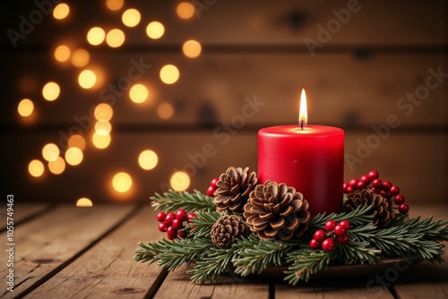 Cozy christmas candle setting with pine cones and festive garland against bright bokeh lights photo