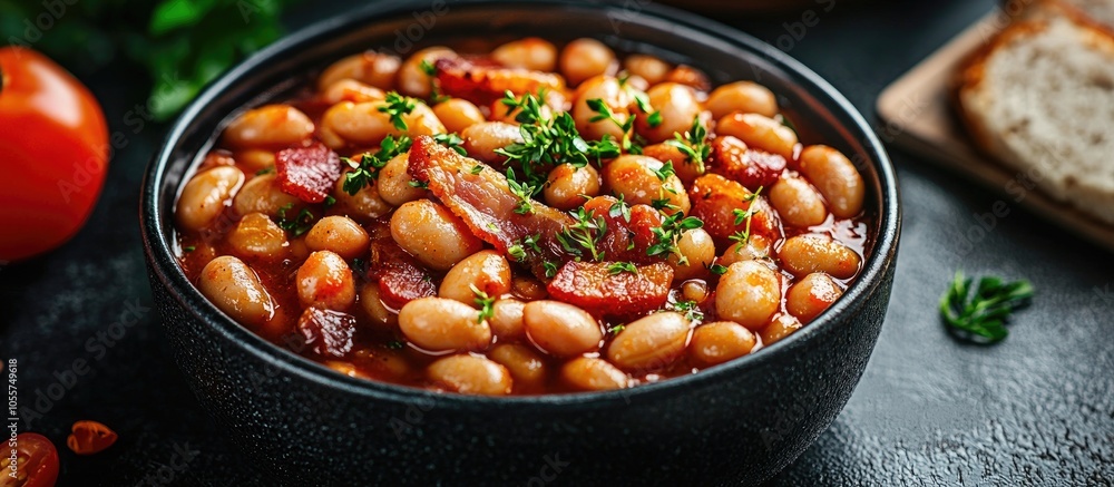 Beans With Tomato Sauce Bacon And Sausage In Dark Bowl Selective Focus Beans With Tomato Sauce Bacon And Sausage In Dark Bowl Selective Focus