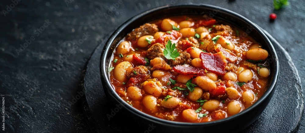 Beans With Tomato Sauce Bacon And Sausage In Dark Bowl Selective Focus Beans With Tomato Sauce Bacon And Sausage In Dark Bowl Selective Focus