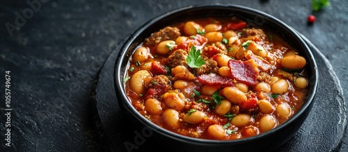 Beans With Tomato Sauce Bacon And Sausage In Dark Bowl Selective Focus