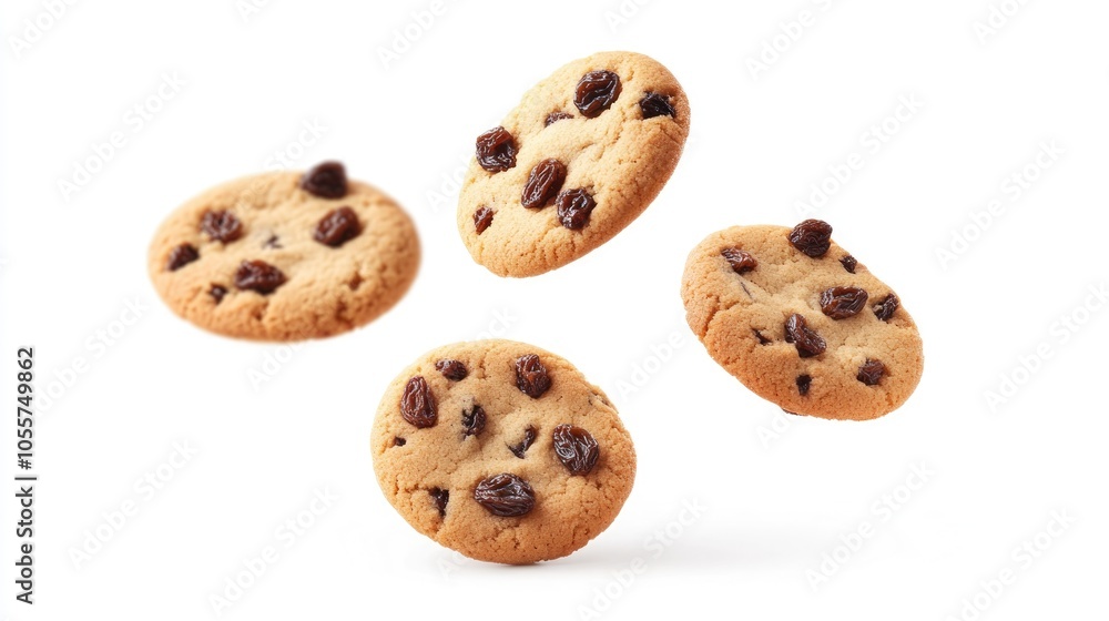 Set of raisin butter cookies isolated on a white background with cookies in motion as if flying through the air Set of raisin butter cookies isolated on a white background with cookies in motion as if flying through the air