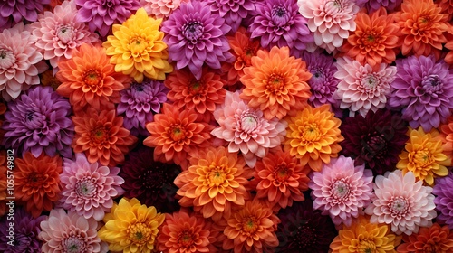 A vibrant mix of pink, purple, orange, and yellow dahlias create a beautiful, colorful floral pattern.