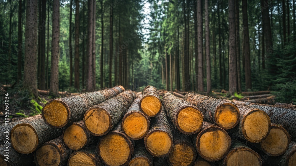Pine and spruce trees in a forest with stacked log trunks highlighting the timber industry A panoramic view of wooden trunks in a natural setting Pine and spruce trees in a forest with stacked log trunks highlighting the timber industry A panoramic view of wooden trunks in a natural setting