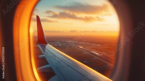 Airplane wing view during sunset, clouded sky, nature and travel scenery.