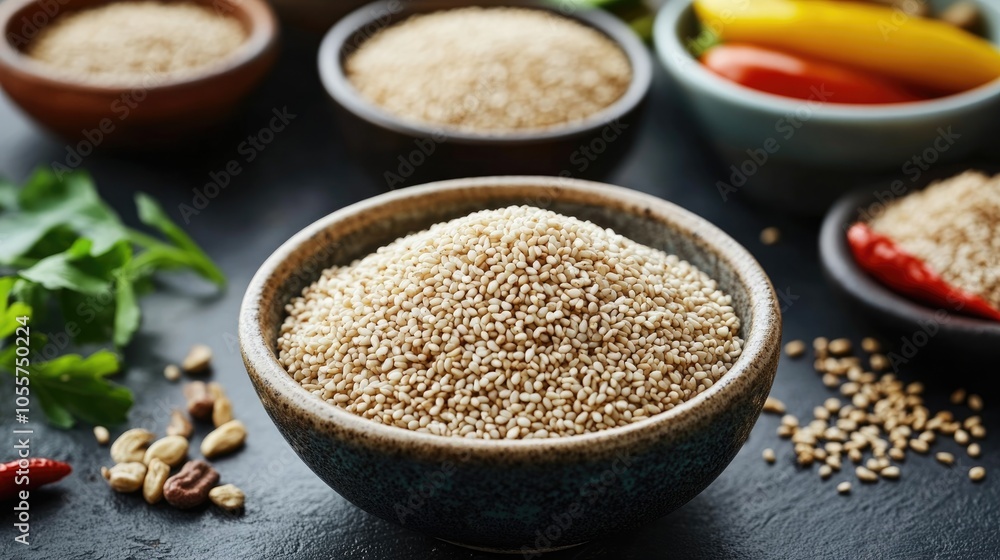 A bowl of sesame seeds beside various other dishes A bowl of sesame seeds beside various other dishes