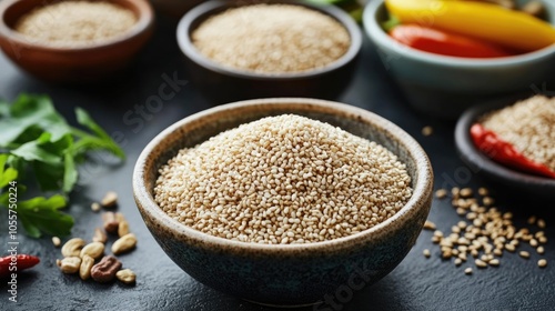 A bowl of sesame seeds beside various other dishes