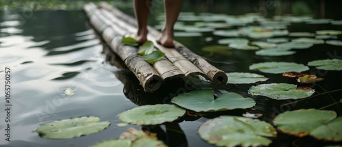 Bare feet balance gracefully on a bamboo raft amidst tranquil waters and lily pads, embodying a serene moment of calm and connection with nature. photo