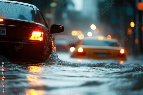 Cars navigating through flooded streets during heavy rainfall.