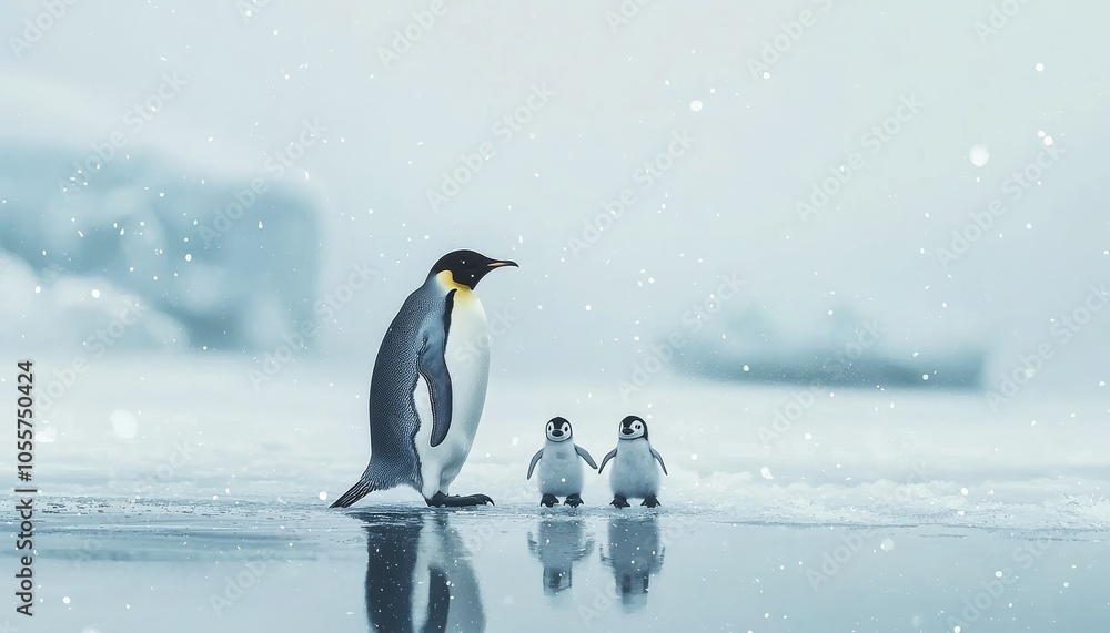 Fototapeta premium A solitary emperor penguin stands in snowy ice with two chicks, embodying the beauty of the Antarctic wilderness.