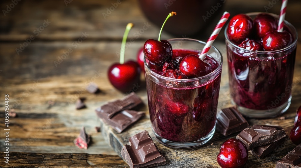 Juicy cherries and chocolate bits served in glasses with cherry juice on a rustic table Juicy cherries and chocolate bits served in glasses with cherry juice on a rustic table