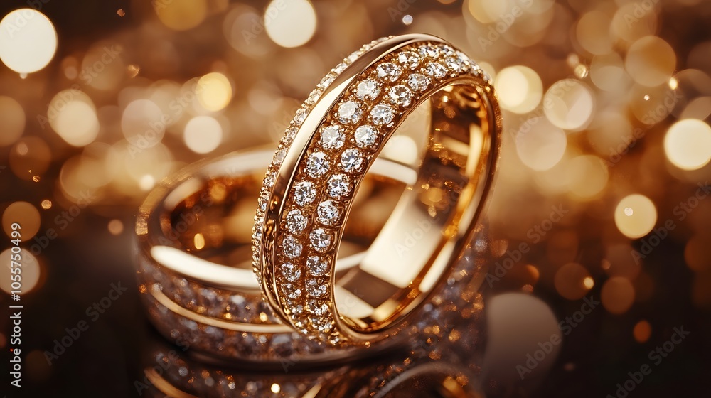 Luxury gold wedding rings with diamond pavé photographed on reflective surface with warm champagne bokeh background in romantic macro composition. Luxury gold wedding rings with diamond pavé photographed on reflective surface with warm champagne bokeh background in romantic macro composition.