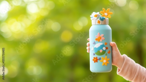 A colorful, decorated water bottle is held against a soothing green background, showcasing a blend of nature and creativity.
