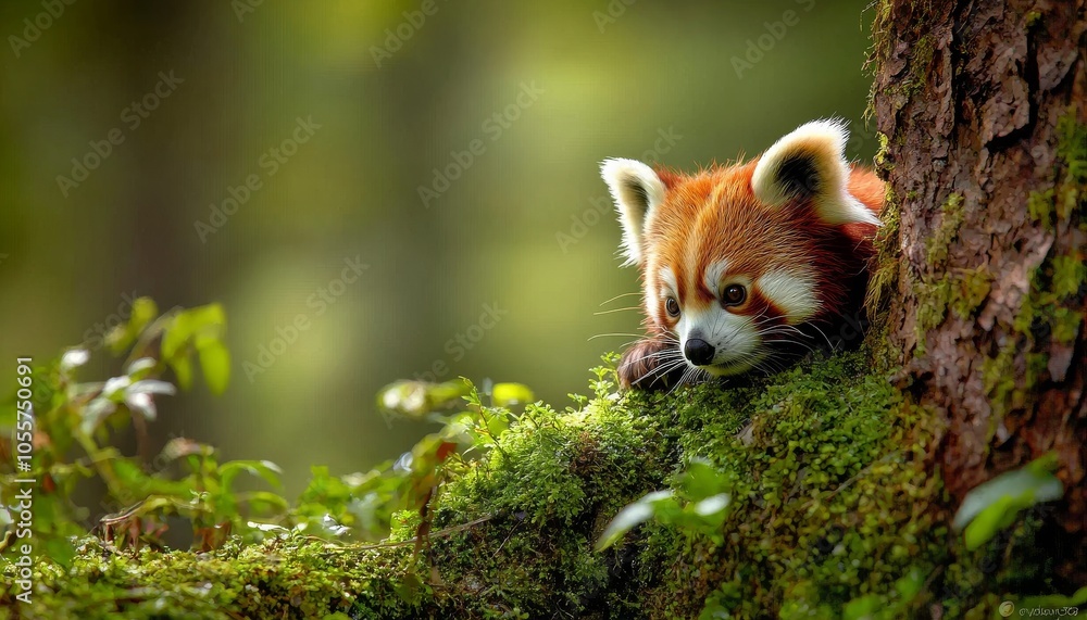 Obraz premium A red panda peeks from behind a tree, surrounded by lush greenery and moss, showcasing its adorable features in a serene forest setting.
