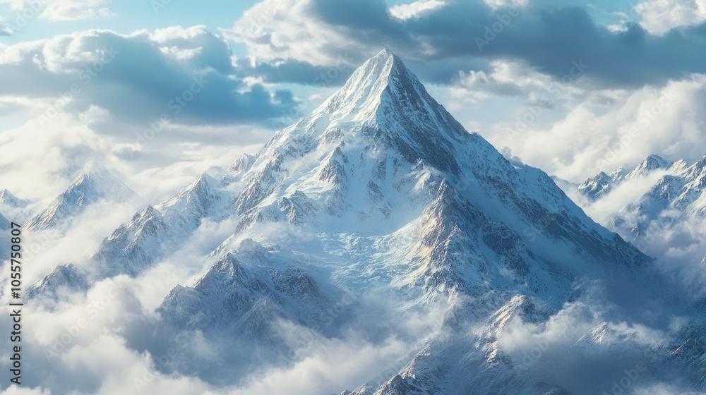 Majestic mountain peak covered in snow surrounded by dramatic clouds creating a stunning landscape Majestic mountain peak covered in snow surrounded by dramatic clouds creating a stunning landscape