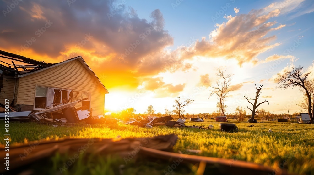 Damaged house under a dramatic sunset, showcasing nature's impact on human structures. Damaged house under a dramatic sunset, showcasing nature's impact on human structures.