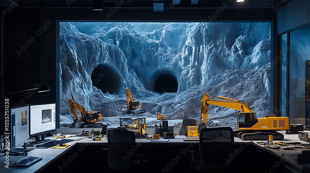 Naklejka premium A futuristic workspace with excavation machinery and a dramatic icy landscape backdrop.