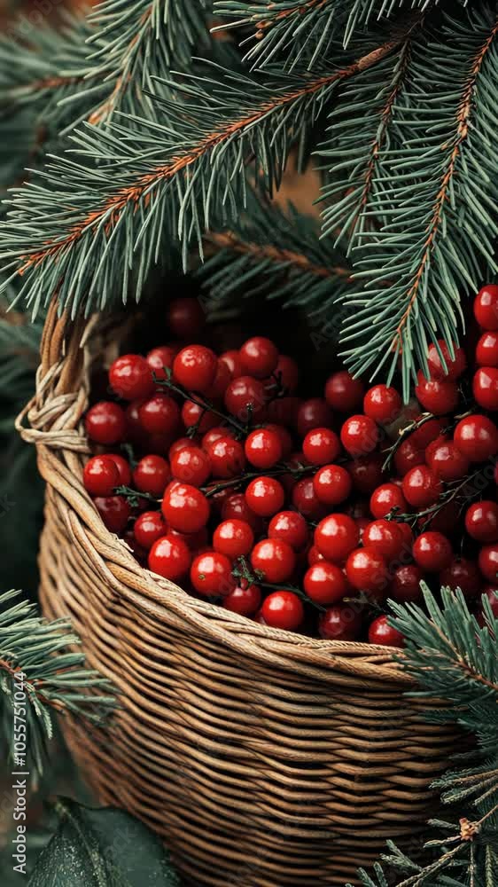 Wicker basket overflowing with red berries and pine branches Wicker basket overflowing with red berries and pine branches