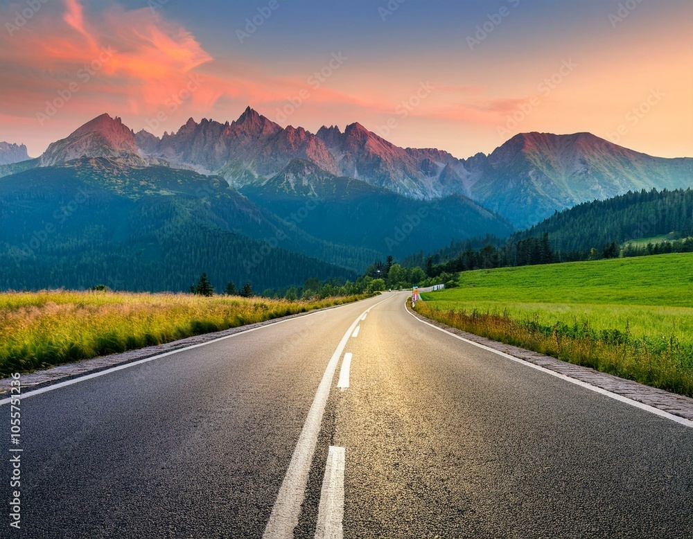 Fototapeta premium A road with beautiful natural scenery with mountains.