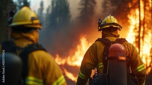 Firefighters combating wildfires in a smoky forest environment.