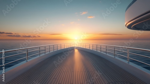 Luxury yacht bow deck photographed at sunrise, featuring teak wood flooring, curved white railings, and calm ocean horizon in golden morning light.