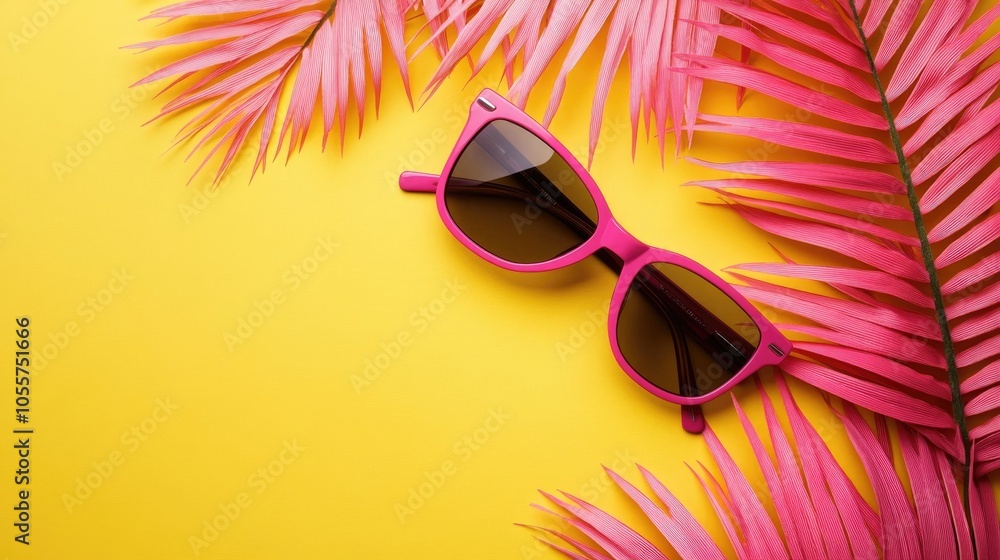 Sunglasses and pink palm leaves arranged on a yellow background perfect for summer vacation advertising and sunshine themed posters Sunglasses and pink palm leaves arranged on a yellow background perfect for summer vacation advertising and sunshine themed posters