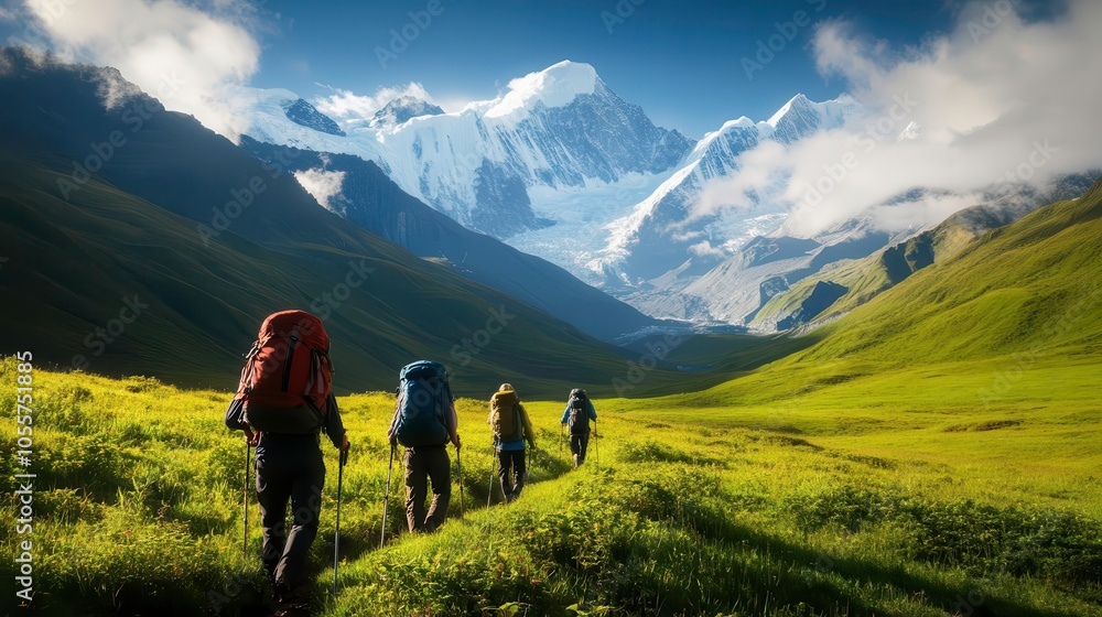 Group of hikers trekking through lush green valley with majestic mountains backdrop. Group of hikers trekking through lush green valley with majestic mountains backdrop.