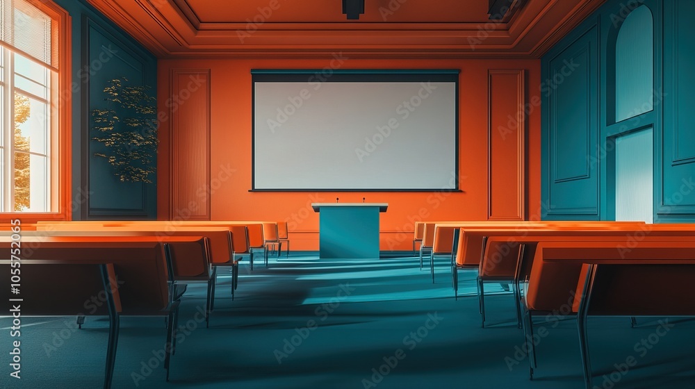 Empty seminar hall with podium and projector screen Empty seminar hall with podium and projector screen