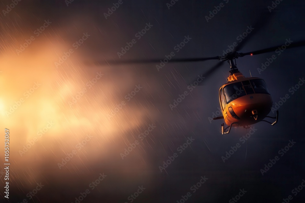 Helicopter flying through dramatic lighting and clouds. Helicopter flying through dramatic lighting and clouds.