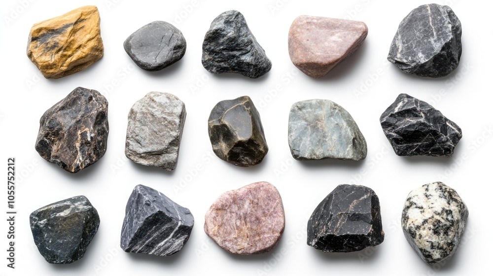 Set of natural rock stones displayed on a white background Set of natural rock stones displayed on a white background