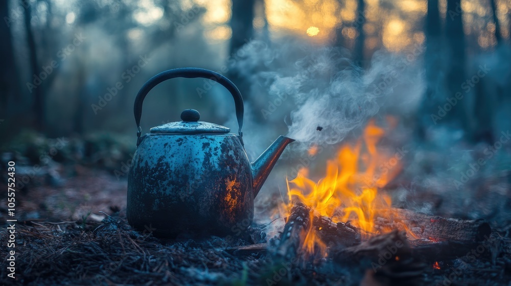 Sooty kettle boiling over a campfire surrounded by smoke in a wooded setting with a hot beverage inside Sooty kettle boiling over a campfire surrounded by smoke in a wooded setting with a hot beverage inside