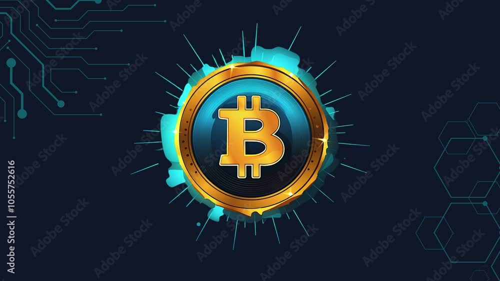 BITCOIN BUTTON ON BLUE BACKGROUND
