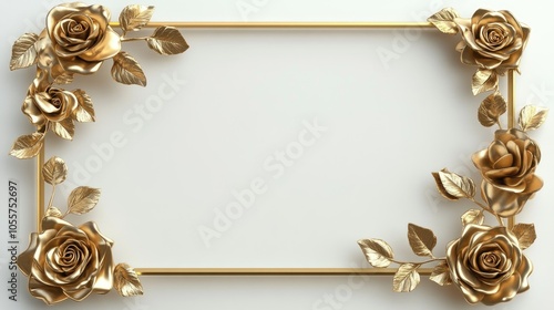 Fototapeta Naklejka Na Ścianę i Meble -  Elegant gold square frame embellished with intricate gold roses against a simple backdrop