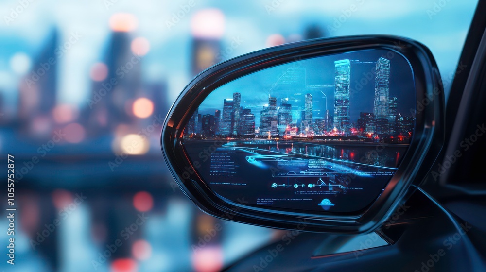 A car side mirror reflecting a vibrant city skyline at dusk. A car side mirror reflecting a vibrant city skyline at dusk.