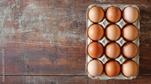 Fresh chicken eggs in a carton placed on a rustic wooden table photo