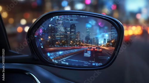 Night cityscape reflected in a car's side mirror, showcasing urban lights and movement.