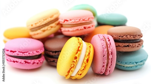 Colorful and delightful macarons on a white background showcasing a tempting dessert treat