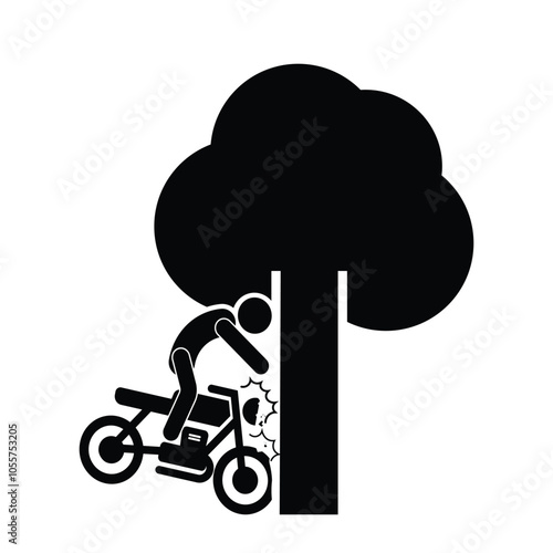 Isolated pictogram motor crash on tree, vehicle street accident sign, bike collision icon
