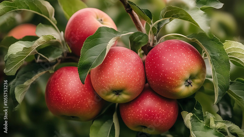 Red apples on apple tree ready to be harvested. Ripe red apple fruits in apple farm. photo