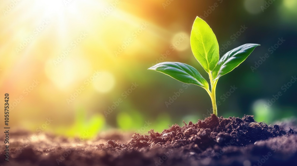 Young green plant emerging from soil illuminated by sunlight bokeh representing nature and environmental themes Young green plant emerging from soil illuminated by sunlight bokeh representing nature and environmental themes
