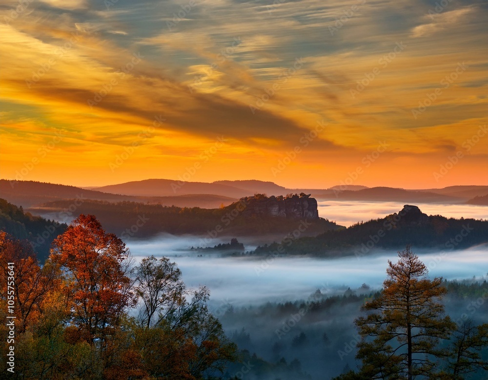 Fototapeta premium Rolling fog along Sandy River Valley in Clackamas County Oregon during sunrise